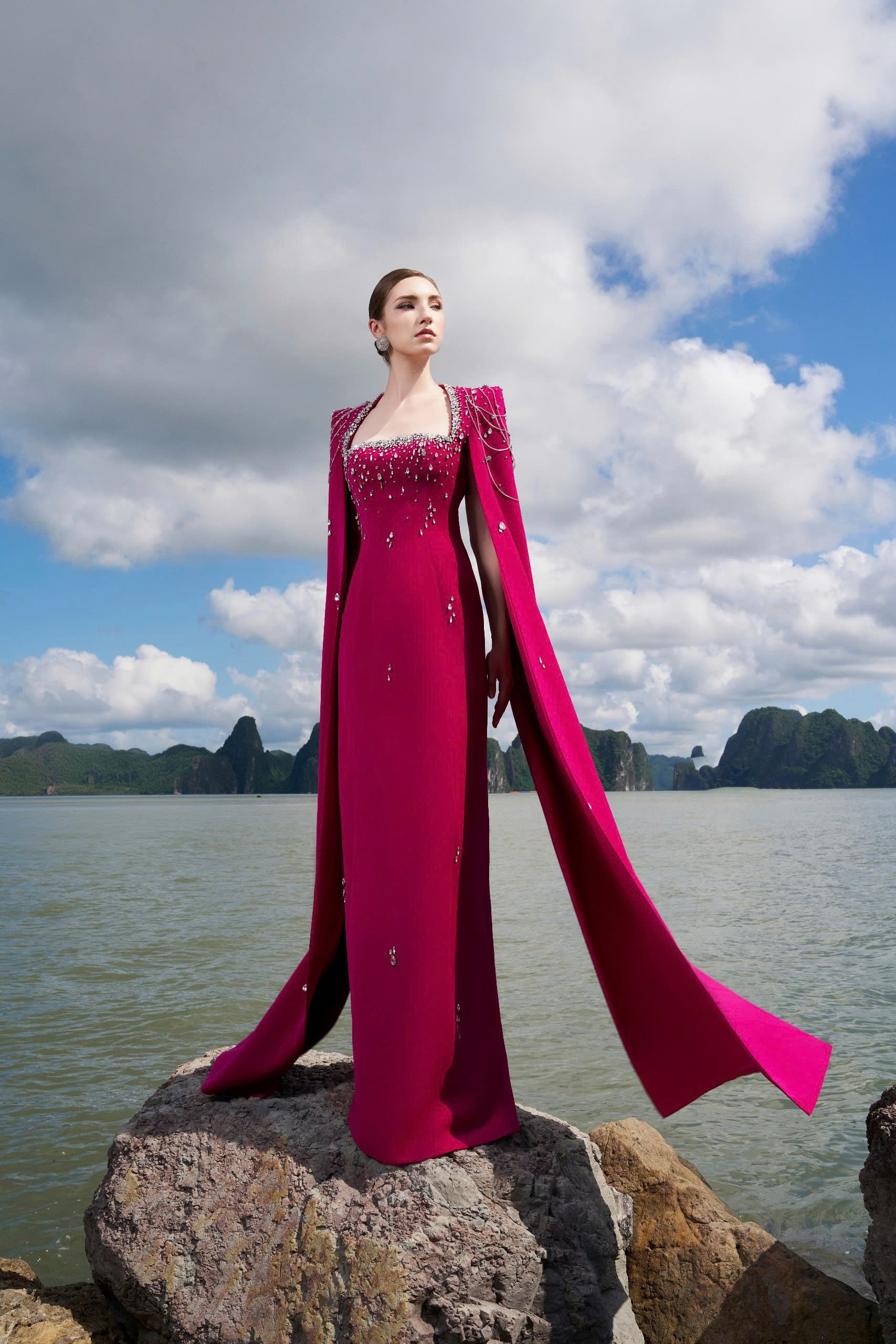 Long Cape Sleeves Glow Stone Dress